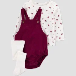 Carter's Just One You® Baby Girls' 3pc Floral Bubble Romper with Long Sleeve T-Shirt and Tights - Burgundy 3M