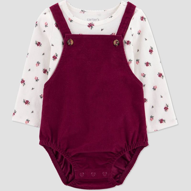slide 2 of 6, Carter's Just One You® Baby Girls' 3pc Floral Bubble Romper with Long Sleeve T-Shirt and Tights - Burgundy 9M, 3 ct