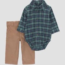 Carter's Just One You® Baby Boys' 2pc Plaid Long Sleeve Button-Down Bodysuit and Pants Set - Green 12M