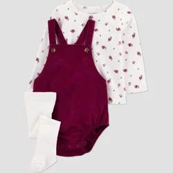 Carter's Just One You® Baby Girls' 3pc Floral Bubble Romper with Long Sleeve T-Shirt and Tights - Burgundy 12M