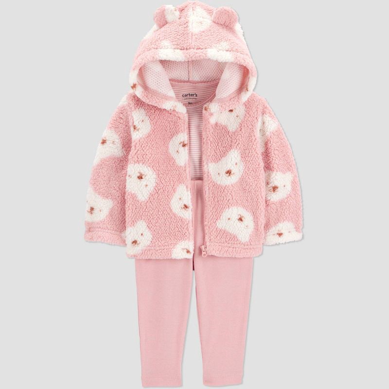 slide 2 of 5, Carter's Just One You® Baby Girls' 3pc Bear Faux Shearling Sweatshirt with Long Sleeve Bodysuit and Leggings Set - Pink 12M, 3 ct