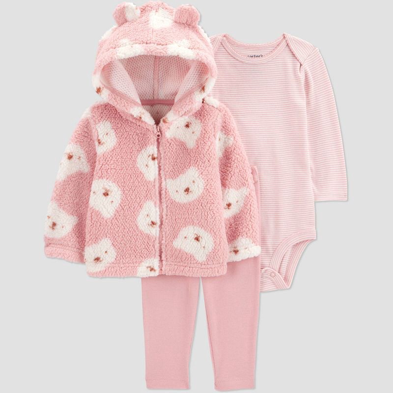 slide 1 of 5, Carter's Just One You® Baby Girls' 3pc Bear Faux Shearling Sweatshirt with Long Sleeve Bodysuit and Leggings Set - Pink 12M, 3 ct