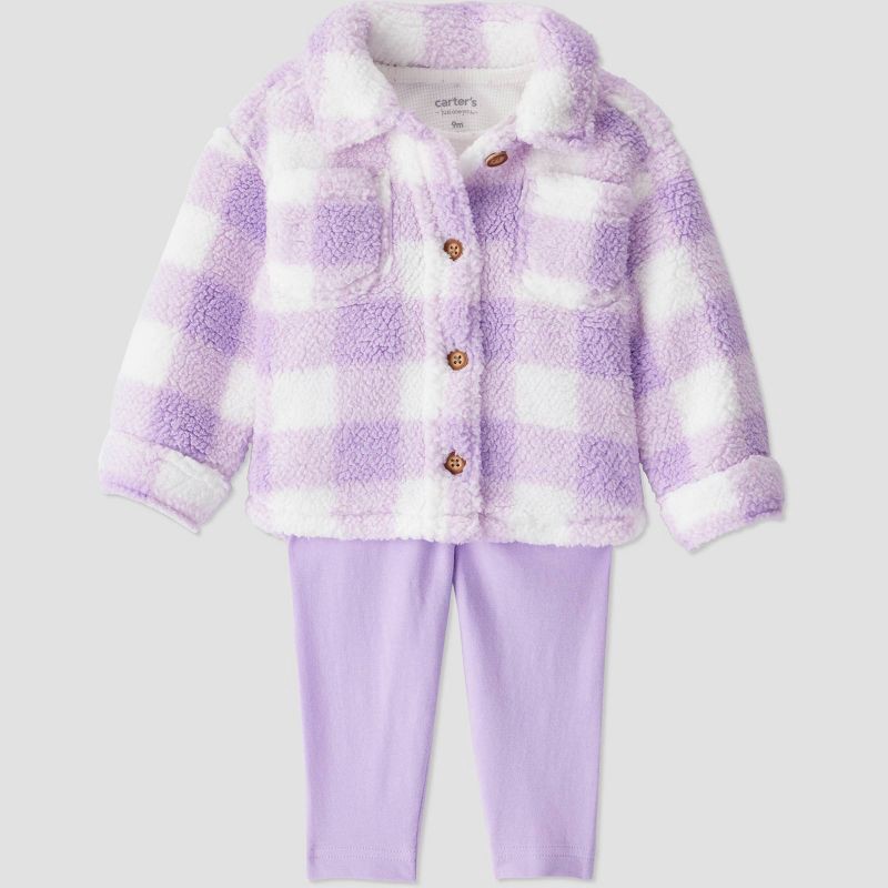 slide 2 of 5, Carter's Just One You® Baby Girls' 3pc Plaid Sweatshirt with Long Sleeve Bodysuit and Leggings Set - Purple Newborn, 3 ct