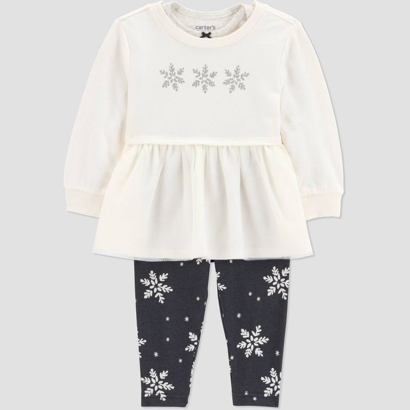 slide 2 of 5, Carter's Just One You® Baby Girls' 3pc Snowflake Peplum Sweatshirt with Long Sleeve Bodysuit and Leggings Set - Cream Newborn, 3 ct