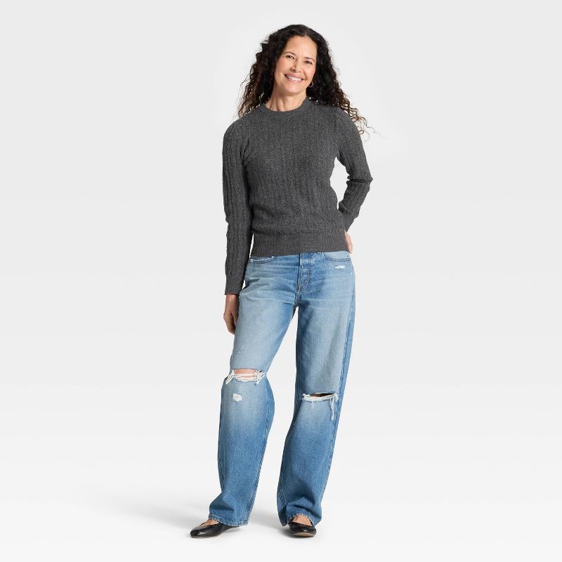 slide 3 of 3, Women's Lace Stitch Crewneck Pullover Sweater - Universal Thread™ Gray XS, 1 ct