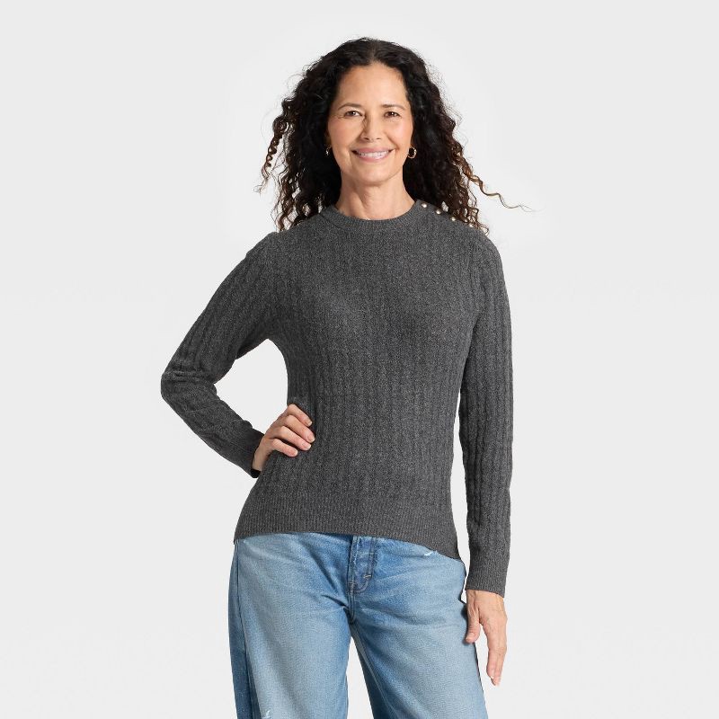 slide 1 of 3, Women's Lace Stitch Crewneck Pullover Sweater - Universal Thread™ Gray XL, 1 ct
