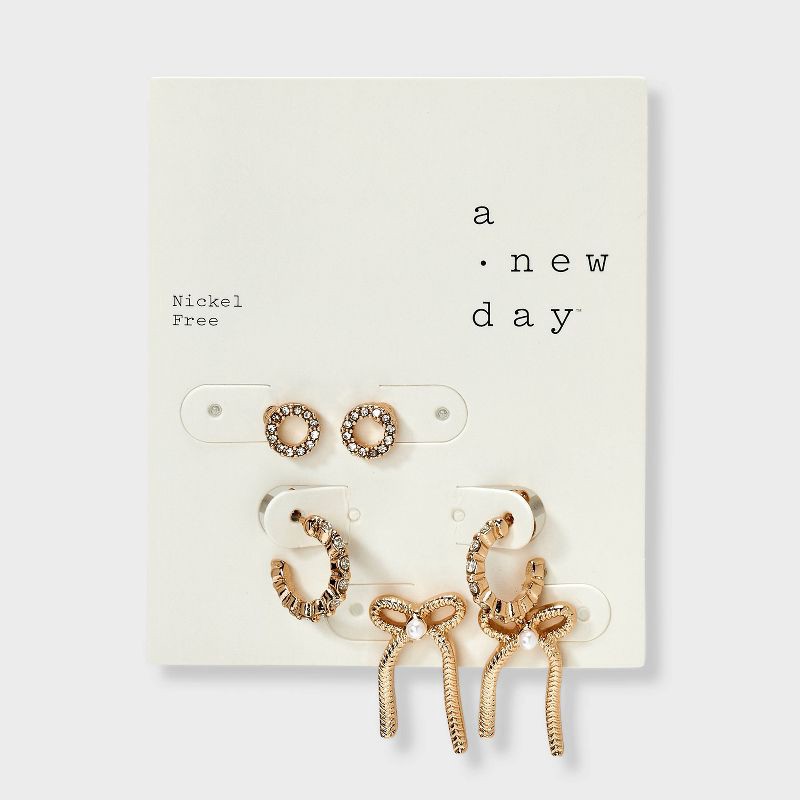 slide 2 of 3, Circle and Bow Stud Earring Set 3pc - A New Day™ Gold, 3 ct
