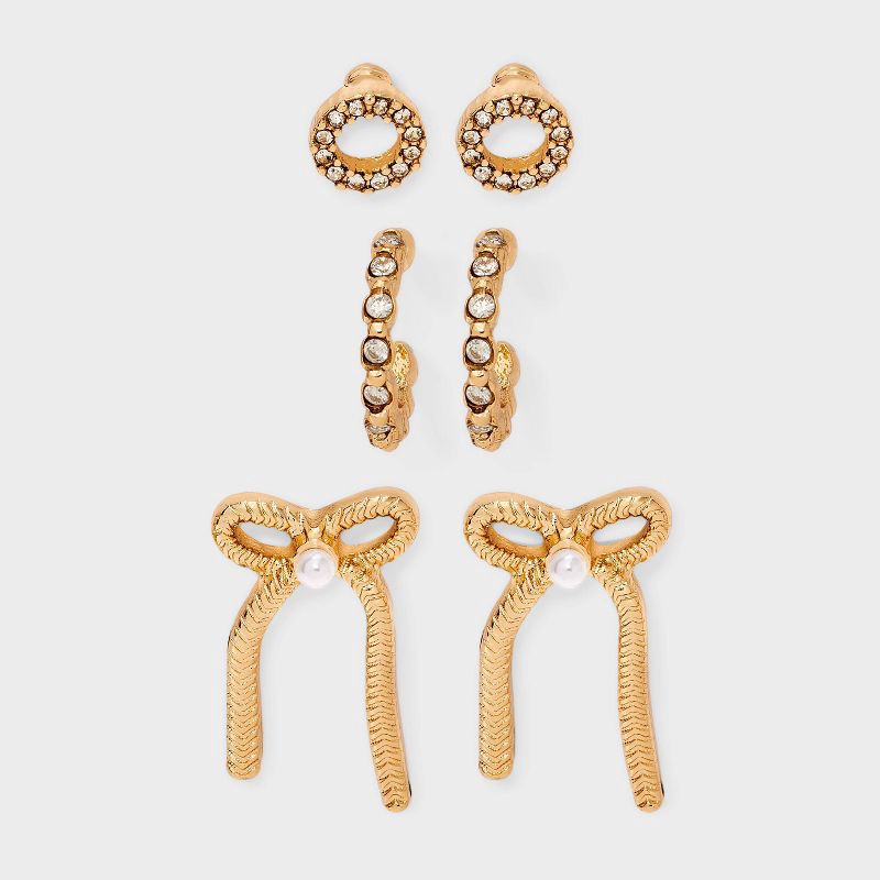 slide 1 of 3, Circle and Bow Stud Earring Set 3pc - A New Day™ Gold, 3 ct