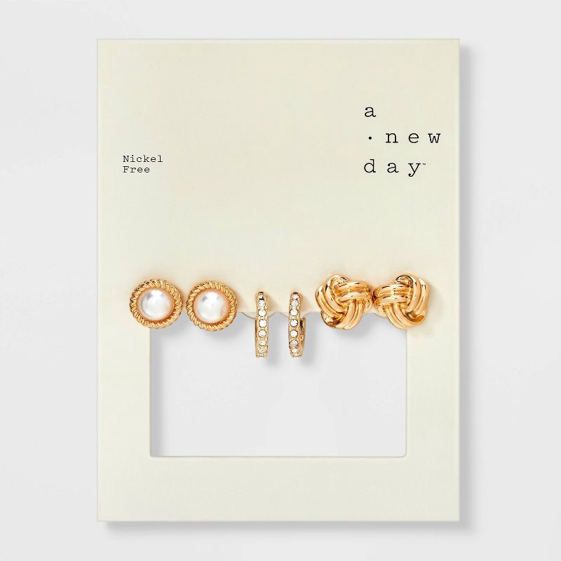 slide 3 of 3, Knot and Pearl Stud Earring Set 3pc - A New Day™ Gold, 3 ct