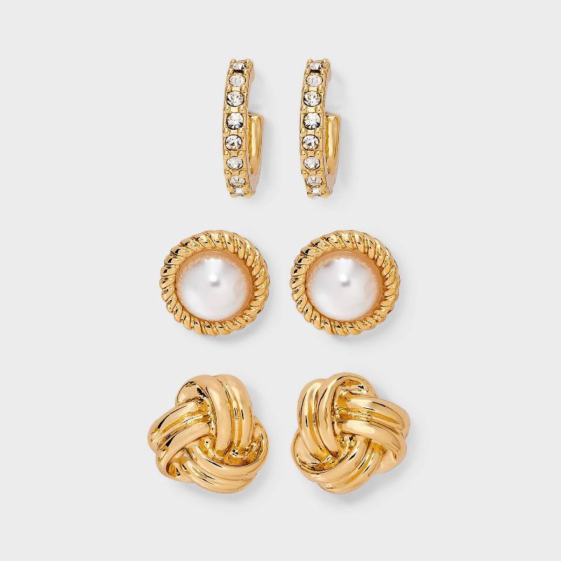 slide 1 of 3, Knot and Pearl Stud Earring Set 3pc - A New Day™ Gold, 3 ct