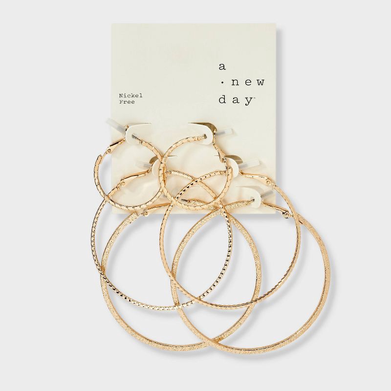 slide 3 of 3, Classic Thin Hoop Earring Set 3pc - A New Day™ Gold, 3 ct