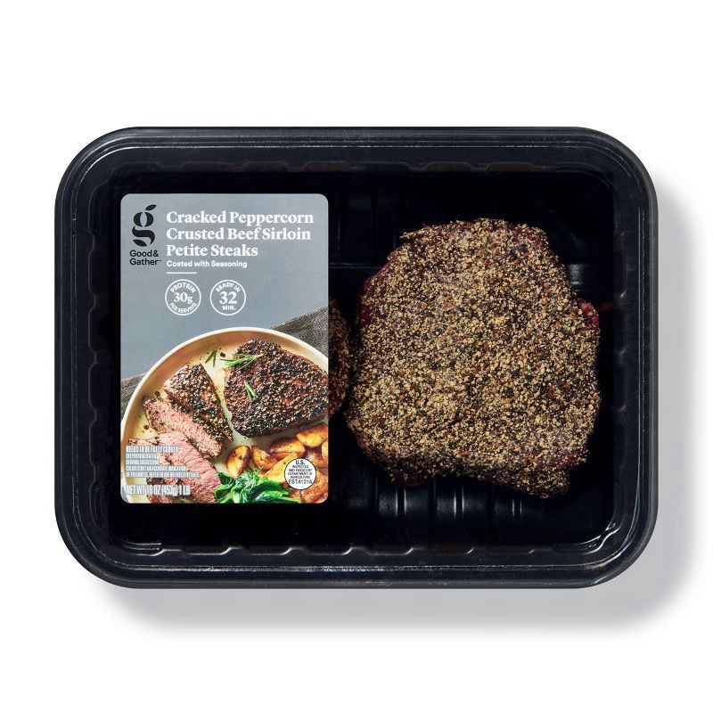 slide 1 of 4, Cracked Peppercorn Crusted Beef Sirloin Petite Steak - 16oz - Good & Gather™, 16 oz
