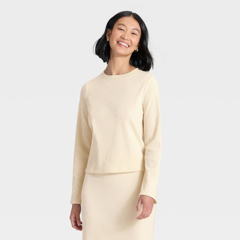 slide 1 of 4, Women's Long Sleeve Brushed Ribbed Boxy T-Shirt - A New Day™ Cream XS, 1 ct