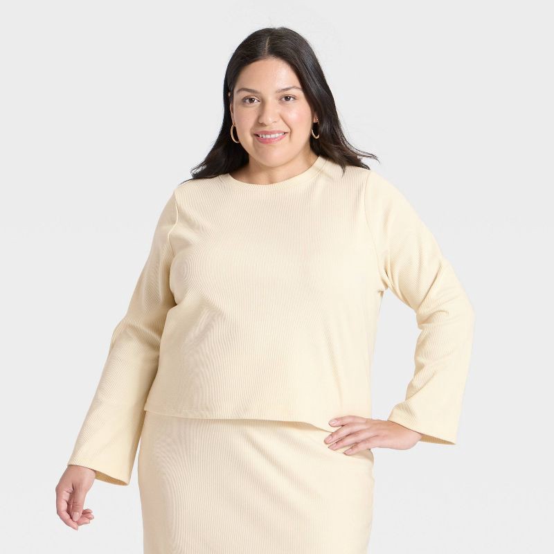 slide 1 of 3, Women's Long Sleeve Brushed Ribbed Boxy T-Shirt - A New Day™ Cream XXL, 1 ct