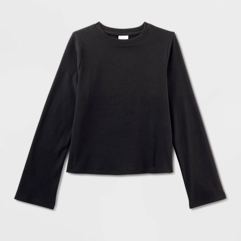slide 4 of 4, Women's Long Sleeve Brushed Ribbed Boxy T-Shirt - A New Day™ Black S, 1 ct