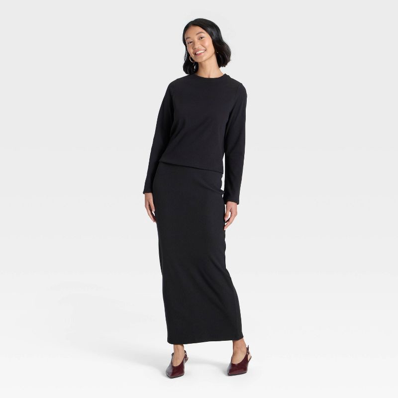 slide 3 of 4, Women's Long Sleeve Brushed Ribbed Boxy T-Shirt - A New Day™ Black L, 1 ct