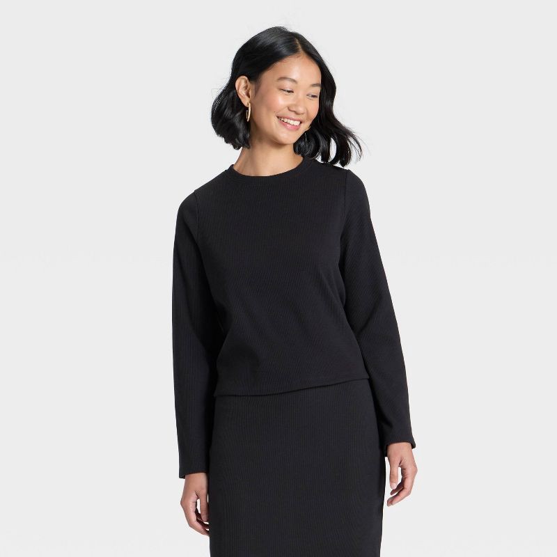 slide 1 of 4, Women's Long Sleeve Brushed Ribbed Boxy T-Shirt - A New Day™ Black L, 1 ct