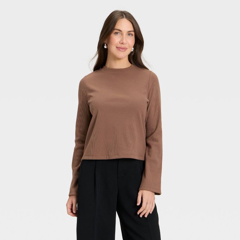 slide 1 of 4, Women's Long Sleeve Brushed Ribbed Boxy T-Shirt - A New Day™ Brown XS, 1 ct