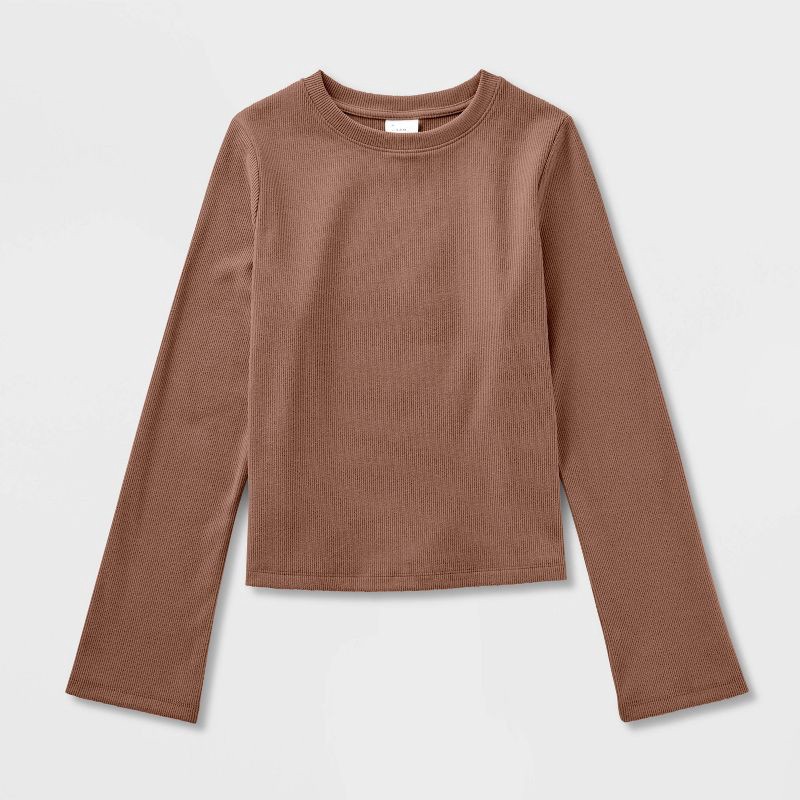 slide 4 of 4, Women's Long Sleeve Brushed Ribbed Boxy T-Shirt - A New Day™ Brown S, 1 ct