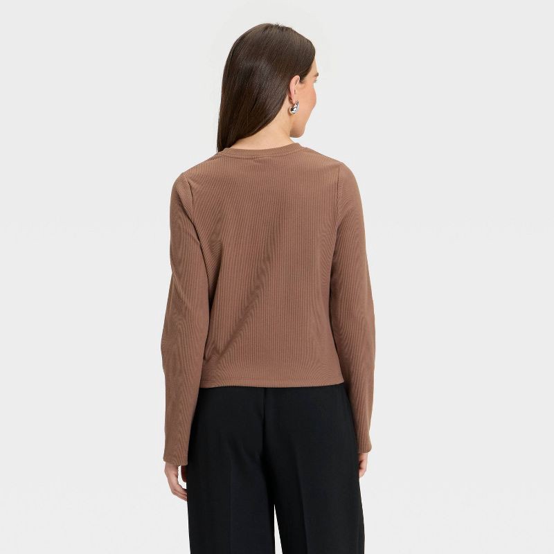 slide 2 of 4, Women's Long Sleeve Brushed Ribbed Boxy T-Shirt - A New Day™ Brown XL, 1 ct