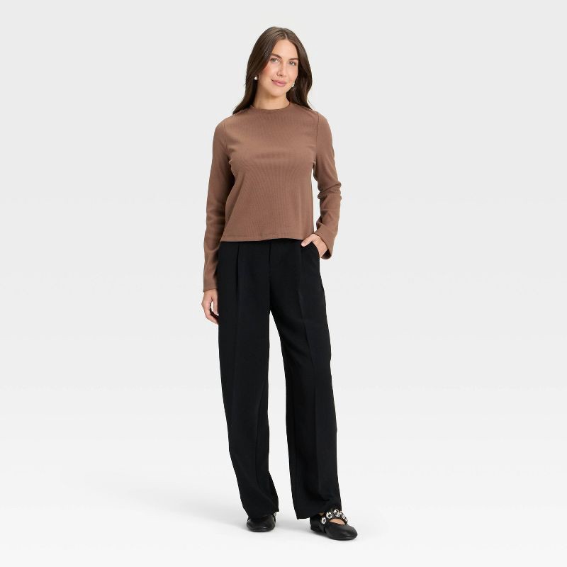 slide 3 of 4, Women's Long Sleeve Brushed Ribbed Boxy T-Shirt - A New Day™ Brown XL, 1 ct
