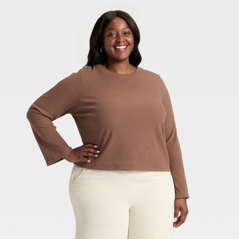 slide 1 of 3, Women's Long Sleeve Brushed Ribbed Boxy T-Shirt - A New Day™ Brown XXL, 1 ct