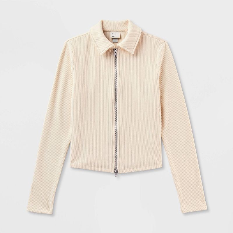 slide 4 of 4, Women's Long Sleeve Brushed Ribbed Polo Zip-Up Jacket - A New Day™ Cream L, 1 ct