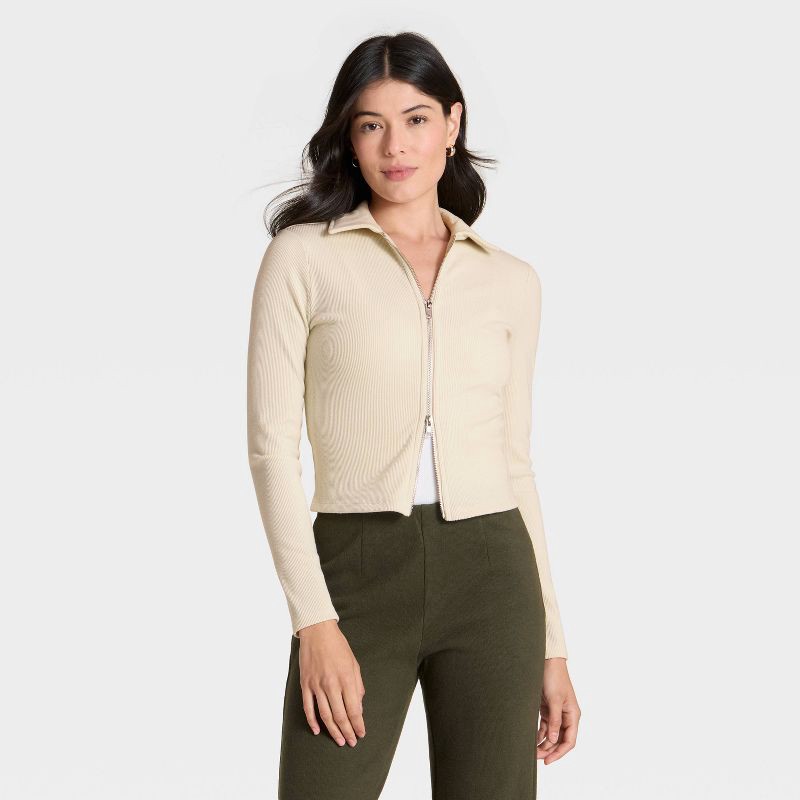 slide 1 of 4, Women's Long Sleeve Brushed Ribbed Polo Zip-Up Jacket - A New Day™ Cream L, 1 ct