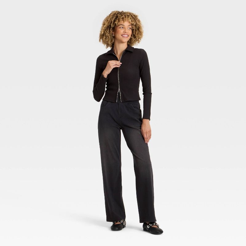 slide 3 of 4, Women's Long Sleeve Brushed Ribbed Polo Zip-Up Jacket - A New Day™ Black M, 1 ct