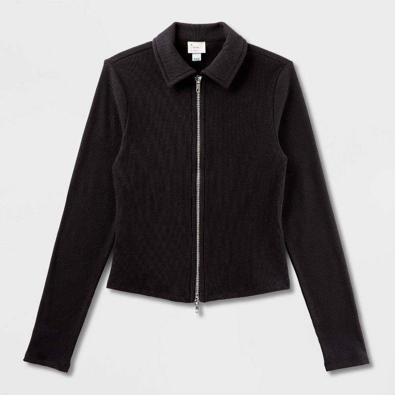 slide 4 of 4, Women's Long Sleeve Brushed Ribbed Polo Zip-Up Jacket - A New Day™ Black M, 1 ct