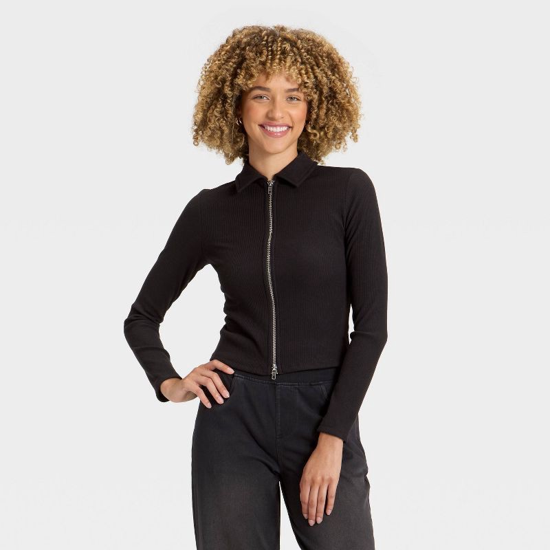 slide 1 of 4, Women's Long Sleeve Brushed Ribbed Polo Zip-Up Jacket - A New Day™ Black M, 1 ct