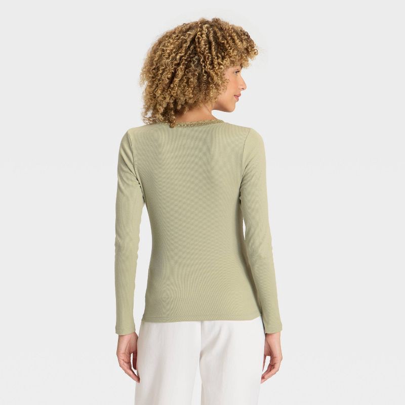 slide 2 of 4, Women's Long Sleeve Lace Trim Scoop Neck Top - A New Day™ Light Green XS, 1 ct