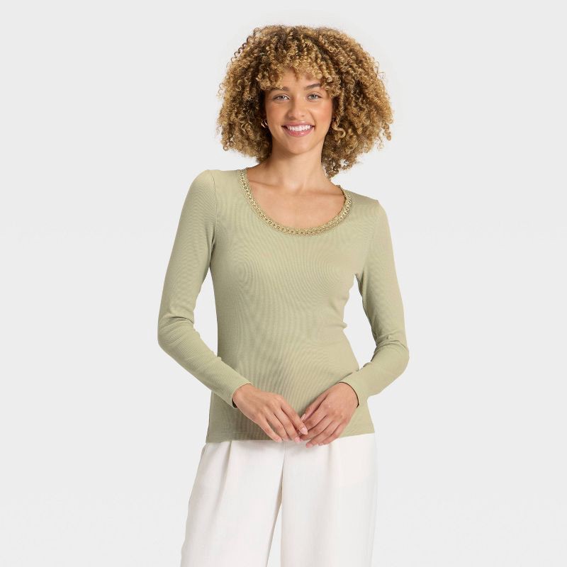 slide 1 of 4, Women's Long Sleeve Lace Trim Scoop Neck Top - A New Day™ Light Green M, 1 ct