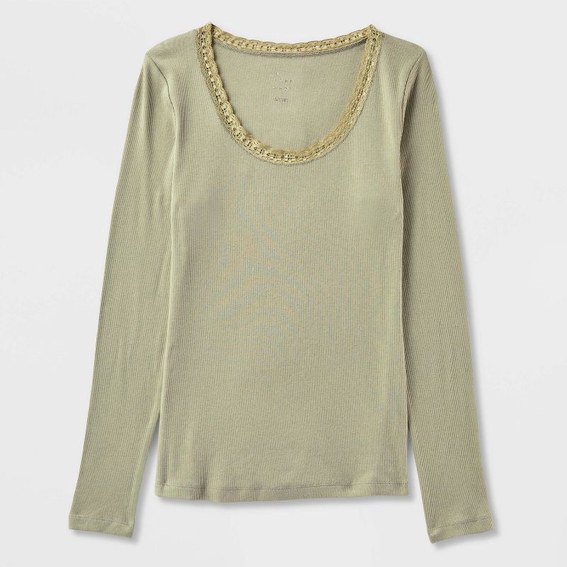 slide 4 of 4, Women's Long Sleeve Lace Trim Scoop Neck Top - A New Day™ Light Green L, 1 ct