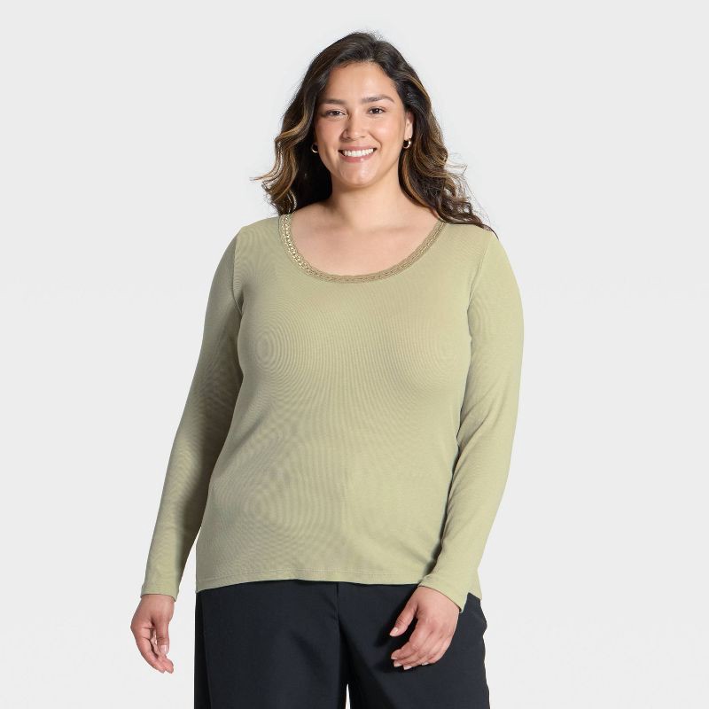 slide 1 of 3, Women's Long Sleeve Lace Trim Scoop Neck Top - A New Day™ Light Green XXL, 1 ct