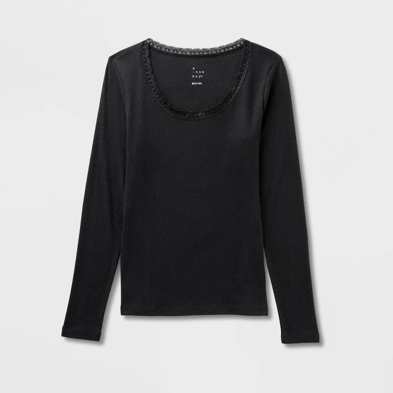 slide 4 of 4, Women's Long Sleeve Lace Trim Scoop Neck Top - A New Day™ Black S, 1 ct