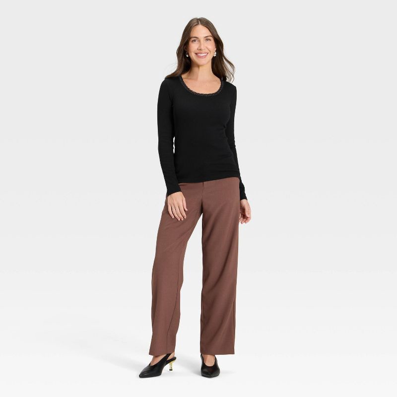 slide 3 of 4, Women's Long Sleeve Lace Trim Scoop Neck Top - A New Day™ Black M, 1 ct