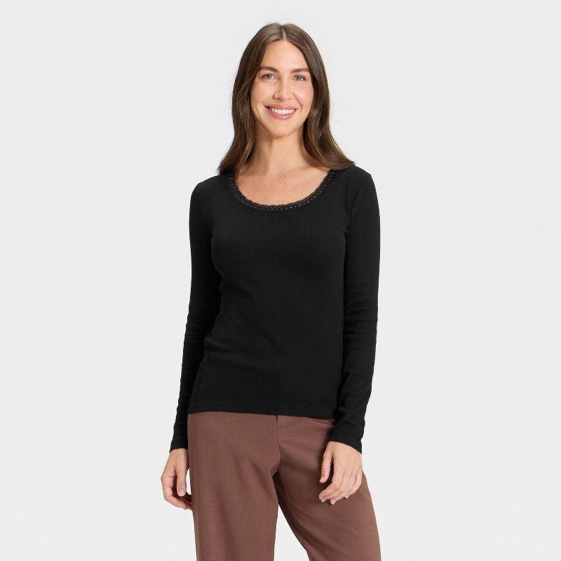 slide 1 of 4, Women's Long Sleeve Lace Trim Scoop Neck Top - A New Day™ Black L, 1 ct