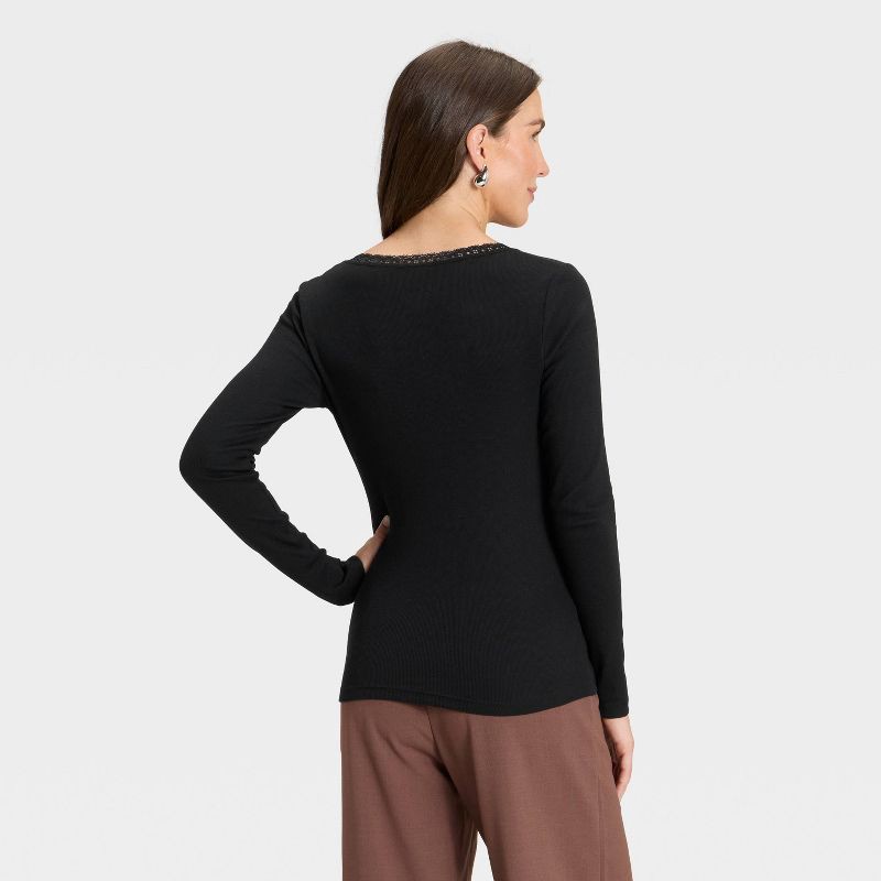 slide 2 of 4, Women's Long Sleeve Lace Trim Scoop Neck Top - A New Day™ Black XL, 1 ct