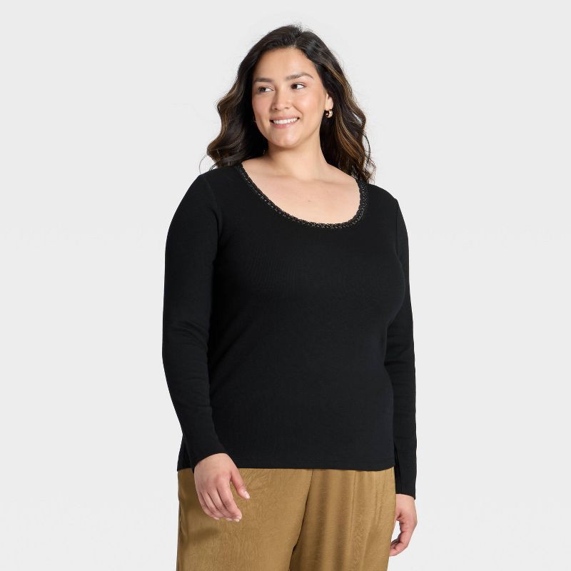 slide 1 of 3, Women's Long Sleeve Lace Trim Scoop Neck Top - A New Day™ Black XXL, 1 ct