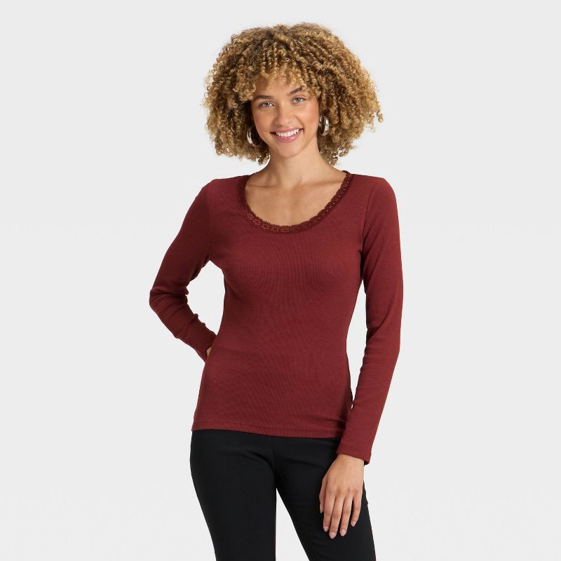 slide 1 of 4, Women's Long Sleeve Lace Trim Scoop Neck Top - A New Day™ Maroon XS, 1 ct