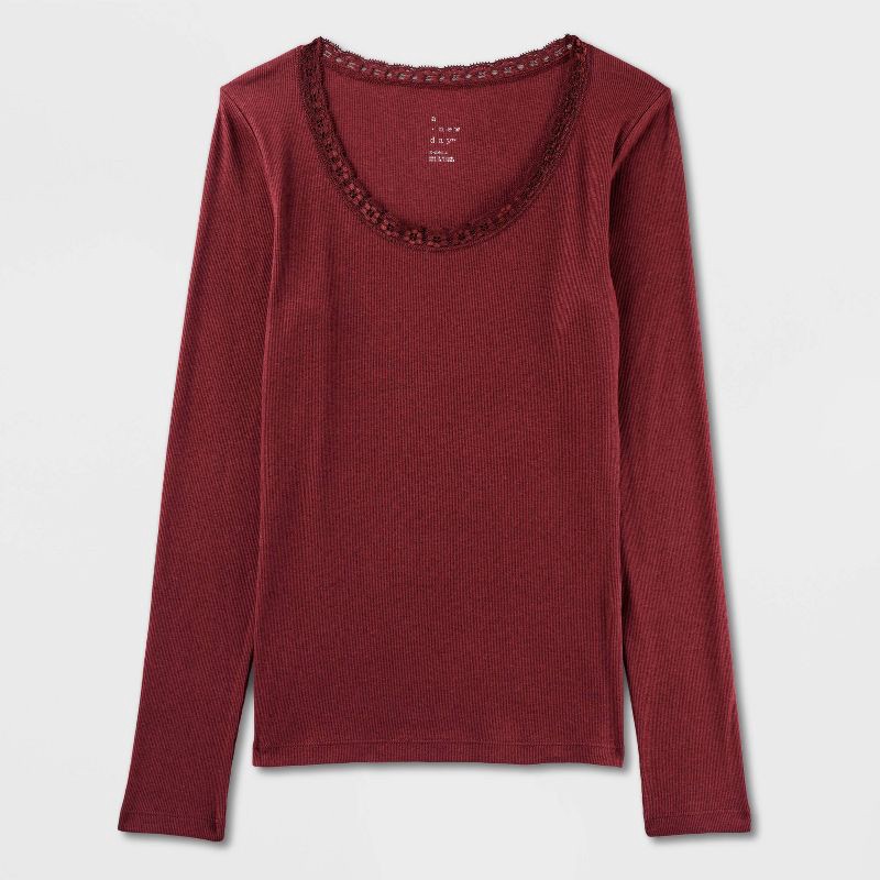 slide 4 of 4, Women's Long Sleeve Lace Trim Scoop Neck Top - A New Day™ Maroon M, 1 ct
