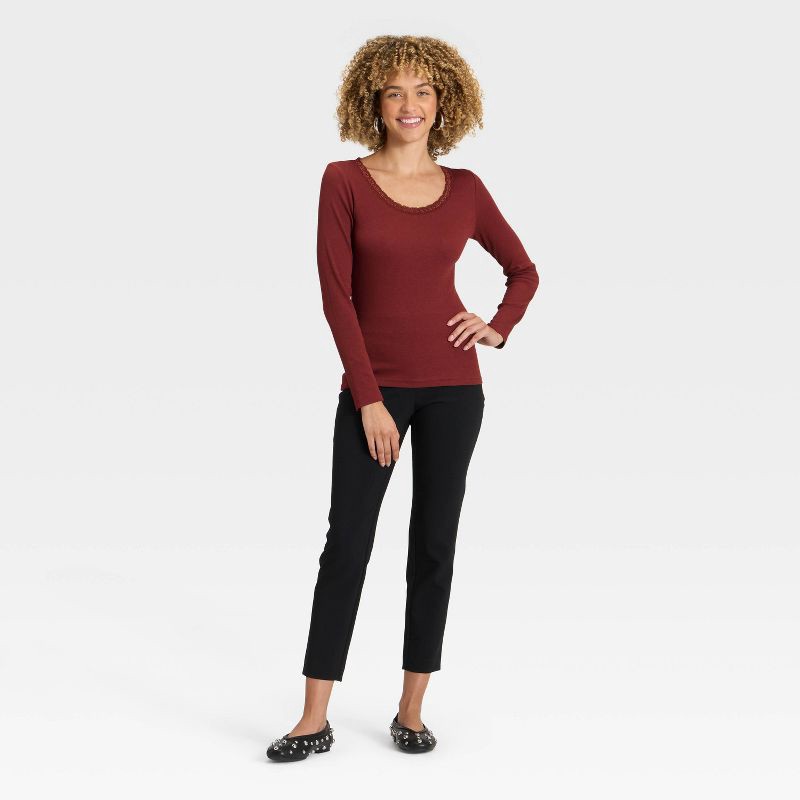 slide 3 of 4, Women's Long Sleeve Lace Trim Scoop Neck Top - A New Day™ Maroon L, 1 ct