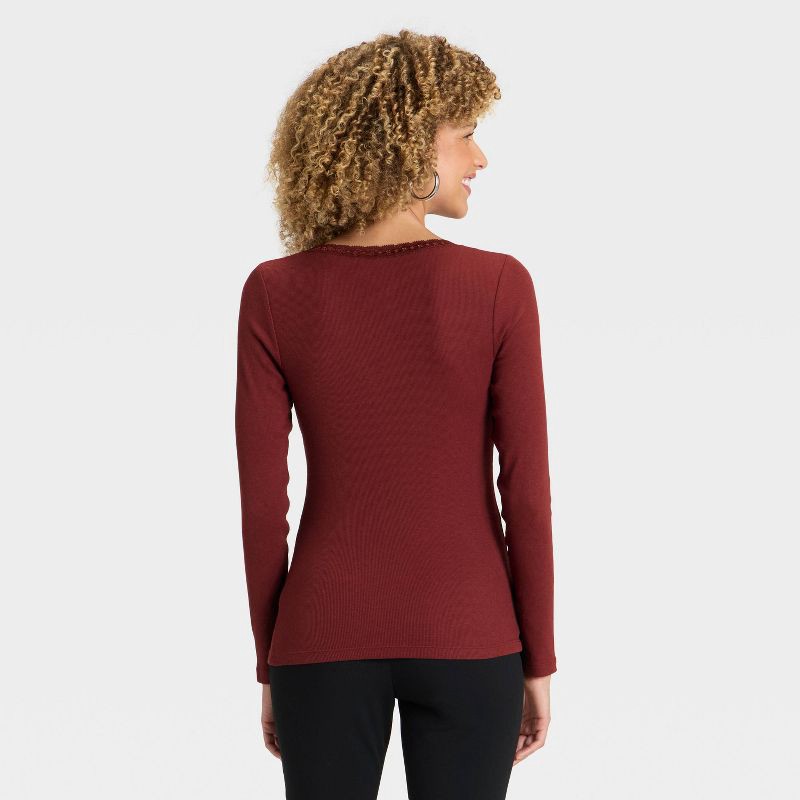 slide 2 of 4, Women's Long Sleeve Lace Trim Scoop Neck Top - A New Day™ Maroon XL, 1 ct