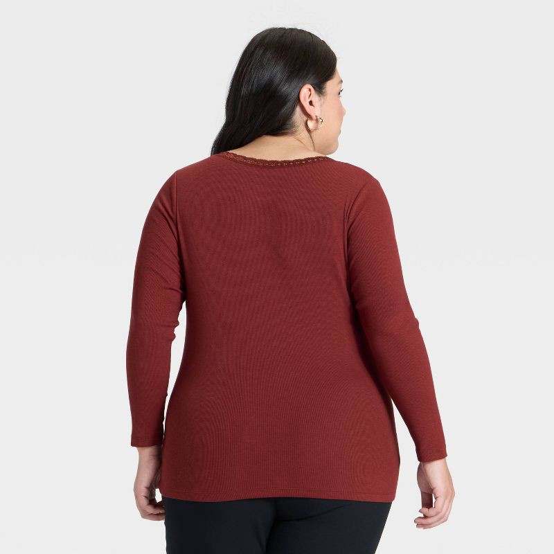 slide 2 of 3, Women's Long Sleeve Lace Trim Scoop Neck Top - A New Day™ Maroon XXL, 1 ct