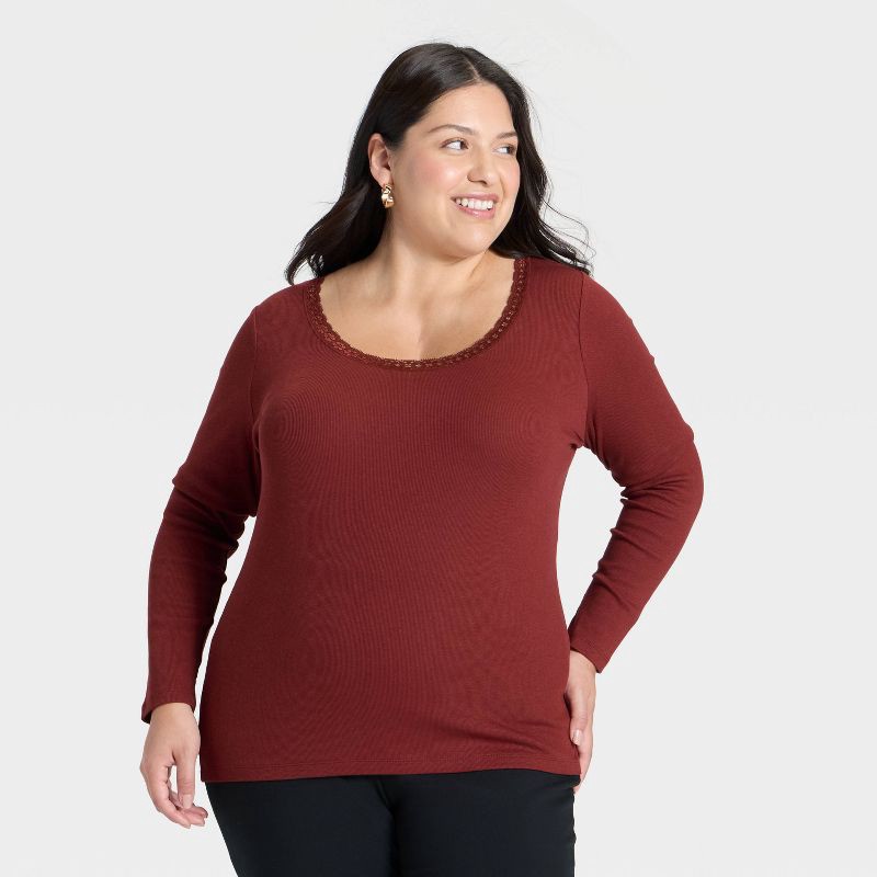 slide 1 of 3, Women's Long Sleeve Lace Trim Scoop Neck Top - A New Day™ Maroon XXL, 1 ct