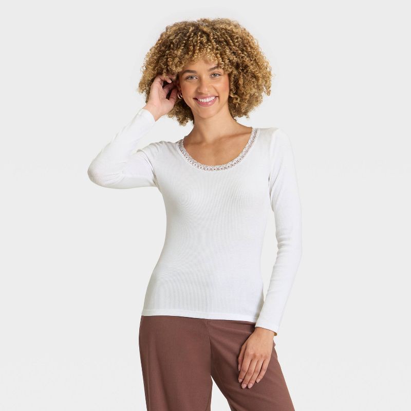 slide 1 of 4, Women's Long Sleeve Lace Trim Scoop Neck Top - A New Day™ White L, 1 ct