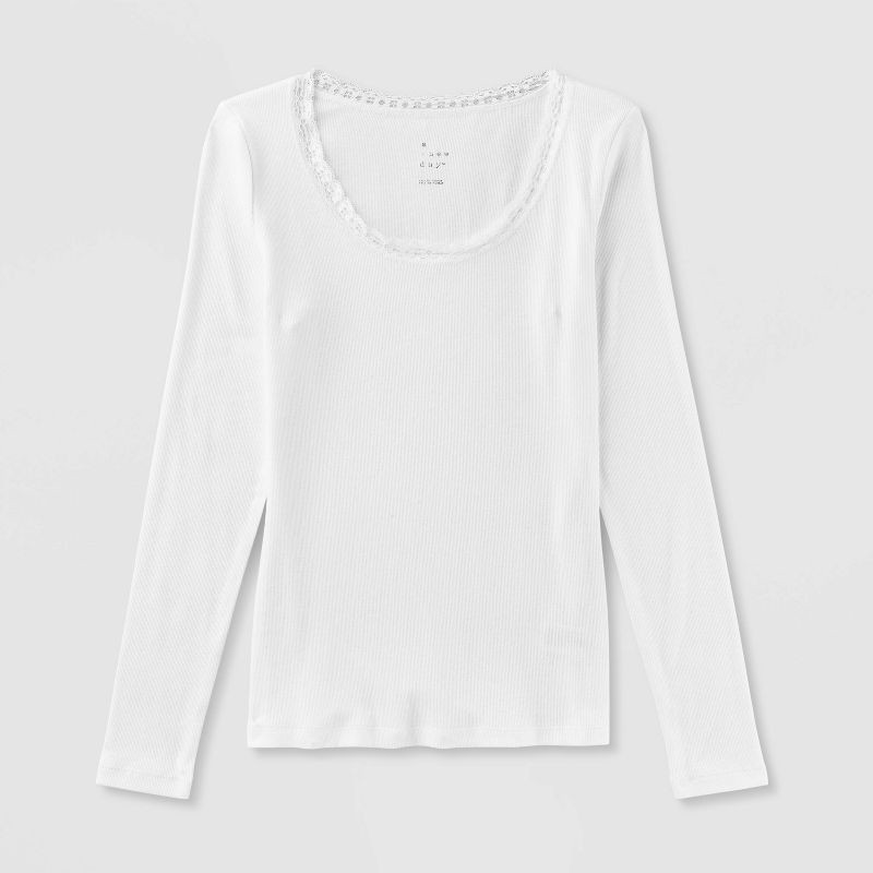 slide 4 of 4, Women's Long Sleeve Lace Trim Scoop Neck Top - A New Day™ White L, 1 ct