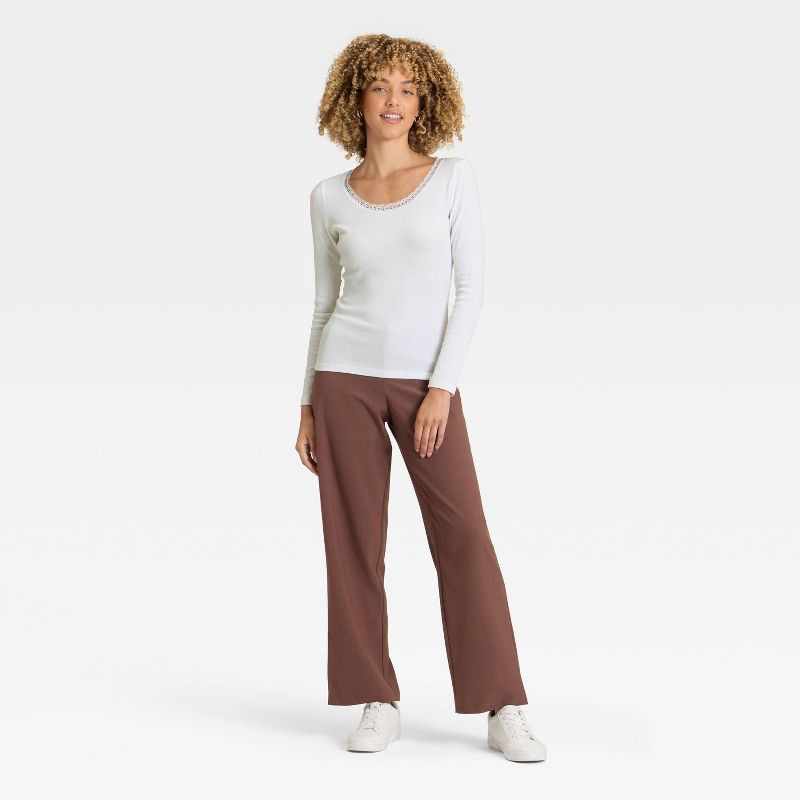 slide 3 of 4, Women's Long Sleeve Lace Trim Scoop Neck Top - A New Day™ White XL, 1 ct