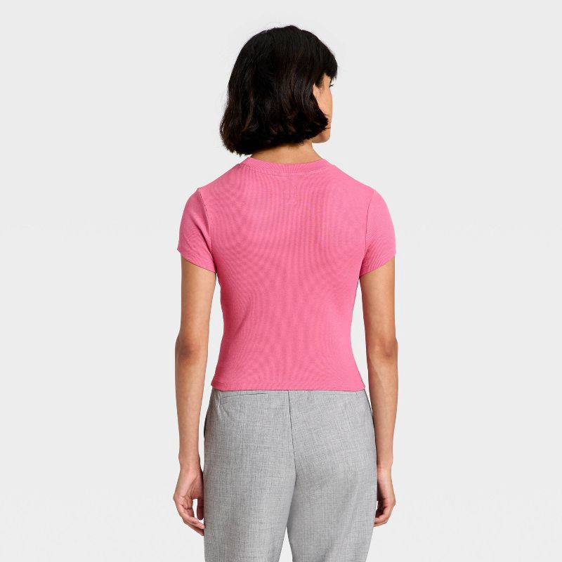 slide 3 of 4, Women's Slim Fit Cropped Ribbed T-Shirt - A New Day™ Pink S, 1 ct